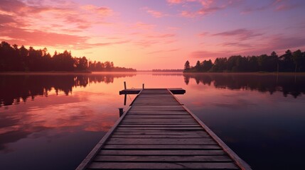 Peaceful Sunset on a Calm Lake with Wooden Dock