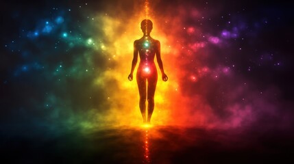 Naklejka premium Silhouette Of A Human Figure With Glowing Chakras In A Radiant Cosmic Aura Depicting Spiritual Energy And Inner Alignment