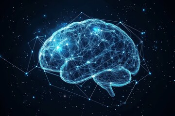 Abstract human brain illustration with glowing blue lines and nodes, against a dark starry background.