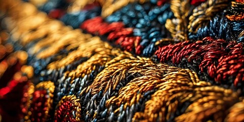 A colorful piece of fabric with a pattern of red, blue, and yellow
