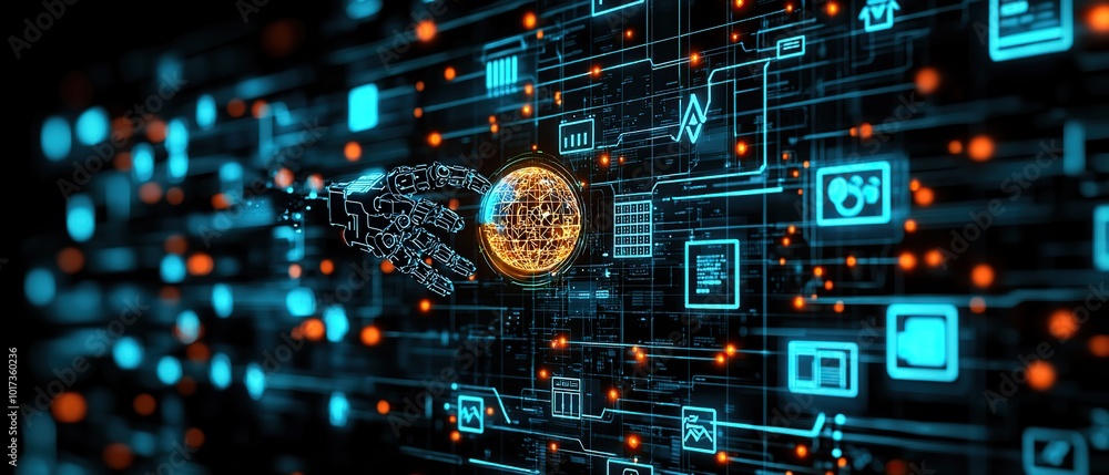 Poster futuristic digital robotic hand reaching out to glowing globe on a digital network interface.