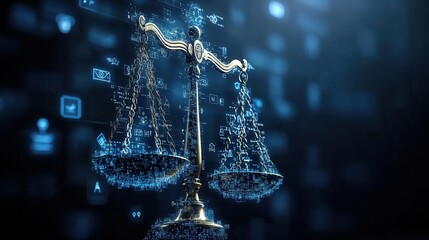 ai regulations concept visualized as digital icons and symbols surrounding a scale of justice highlighting the balance of technology and ethics in modern governance