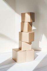 Obraz premium Six small cardboard boxes, perfectly stacked on white, smooth surfaces, clean edges, soft overhead shadows.