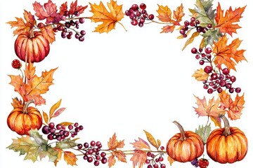 A vibrant autumn frame featuring pumpkins, grapes, and colorful leaves, perfect for seasonal designs and creative projects.