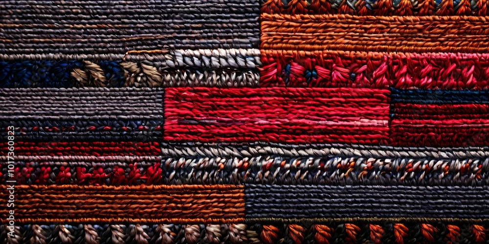 Poster a colorful patchwork quilt with a red square in the middle