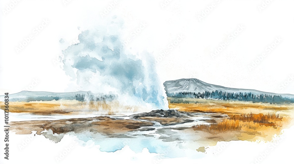 Wall mural a watercolor painting of a geyser erupting in a serene landscape, showcasing nature's beauty and geo