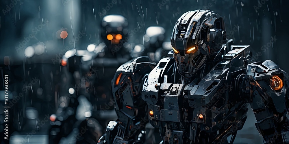 Poster A robot with a yellow face stands in front of a group of robots