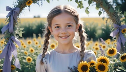 Young smiling Caucasian girl child in a silver bridesmaids dress