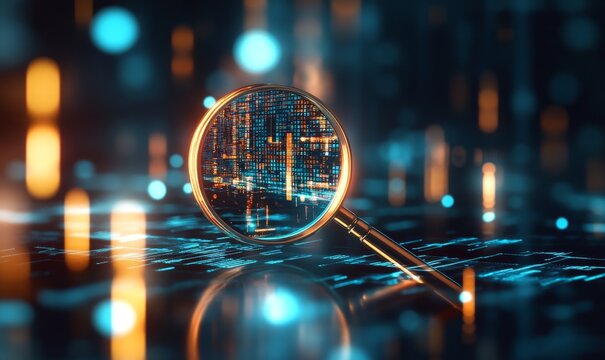 A magnifying glass reveals a cityscape of glowing data in a dark, abstract environment.