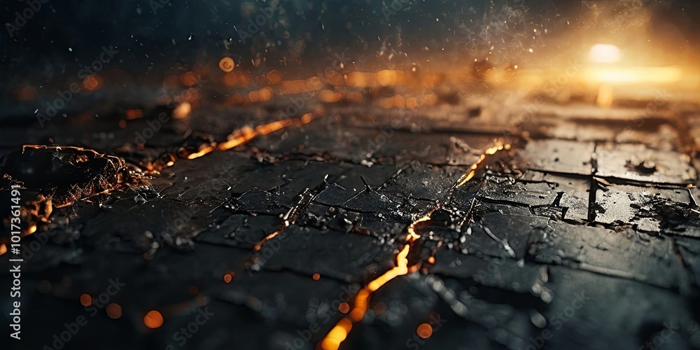 Poster a black and orange background with a lava flow and a car in the foreground