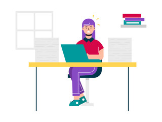 Female students are working on assignments. Campus illustrations. Flat vector illustration.