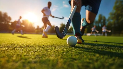 Dynamic field hockey players chasing the ball on a bright green sports field with intense focus and fast paced action as the sun casts long shadows across the playing surface