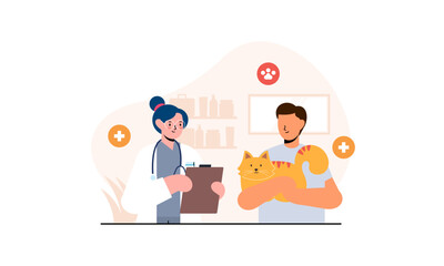 Pet veterinarian concept. Veterinary doctor checking and treating illustration