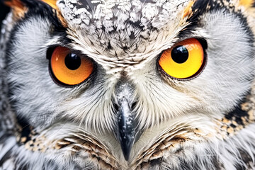 Fototapeta premium The owl's eyes are yellow and it has a fierce look on its face.