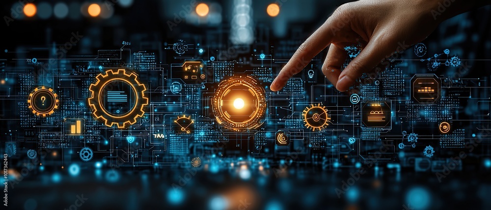Poster hand reaching out to touch a digital interface with cogs, icons and data.