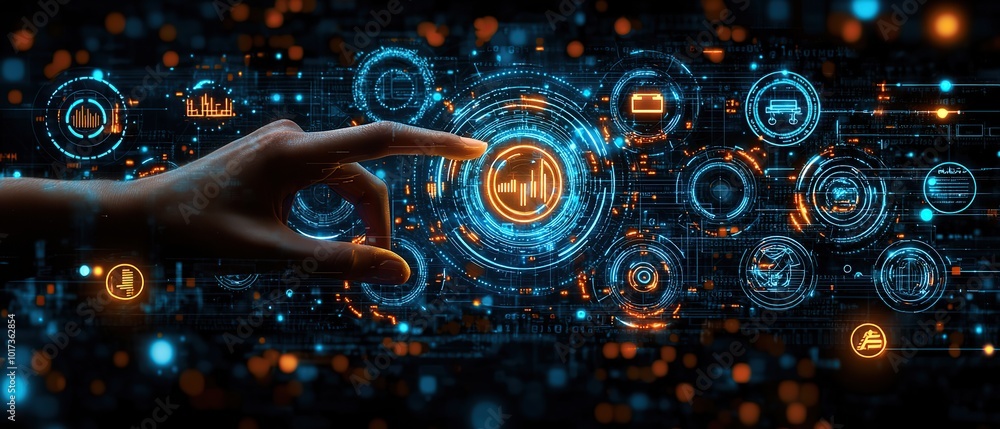Poster hand interacting with a futuristic interface, showcasing digital data and icons.