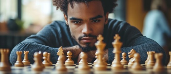 A focused man with a beard leans forward to make his next chess move.