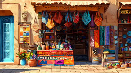 A street vendor selling handmade crafts from a colorful market stall, showcasing unique and artisanal items. Moroccan Souk. Illustration