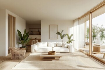 Fototapeta premium Minimalist living room with a white sofa, wooden coffee table, and a wicker chair.