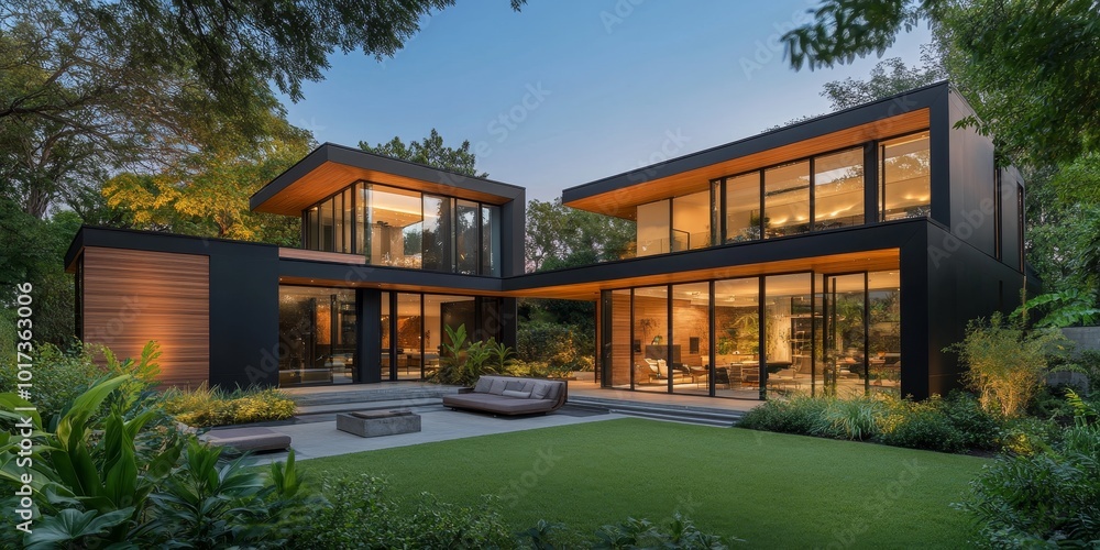 Poster modern two-story home with large windows and a spacious backyard.