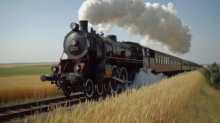Naklejka premium A grand steam-powered train thunderously traverses the expansive plains of 19th-century Hungary. Its iron wheels produce a rhythmic clatter along the tracks, slicing through fields of golden wheat 