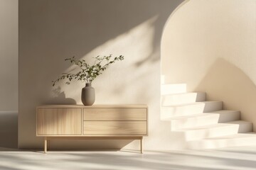 Minimalist wooden cabinet with vase and leafy branches against a beige wall.