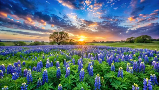 Panorama of a beautiful green field with bluebonnets flowers at soft sunset, green field, bluebonnets, flowers, sunset