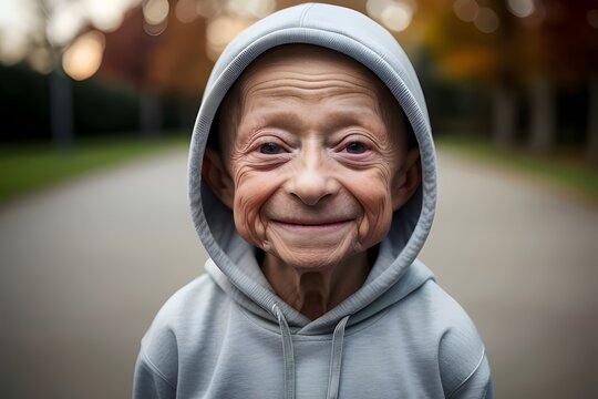 happy 10 year old little boy with Progeria disease, wearing a blank hoodie, isolated, sick,  smiling, resilient, brave, youthful, unique, rare, bald, fragile, thin, strong, courageous, innocent, hope
