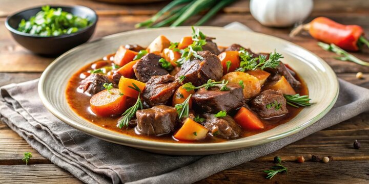 Plate of boeuf en daube, a classic French beef stew made with red wine, vegetables, and herbs, beef, stew