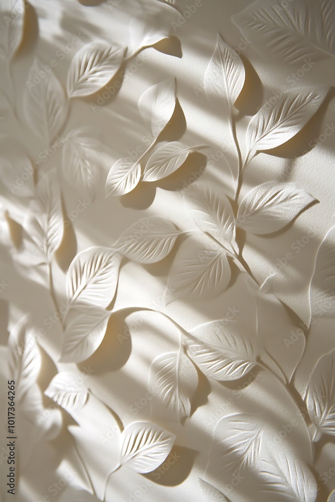 Poster textured wall featuring embossed leaves, bathed in soft light, creating a serene and natural ambianc