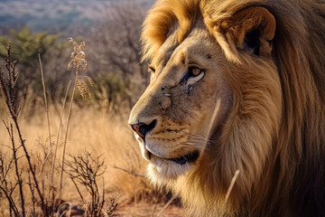 Obraz premium Lion is standing in the grass with its head held high.