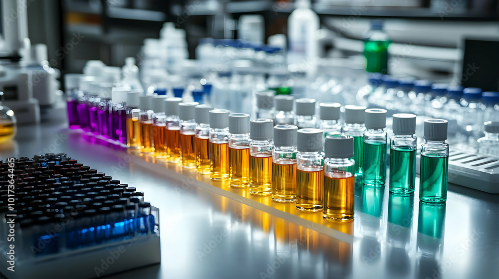Aufkleber laboratory setting with colorful liquid samples in vials.