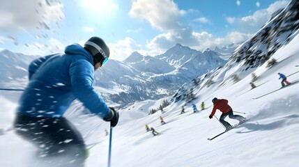 Dynamic and Thrilling Skiing Down a Snowy Slope with Majestic Mountain Backdrop and Powdery Snow Flurries Illuminated by Winter Sunlight