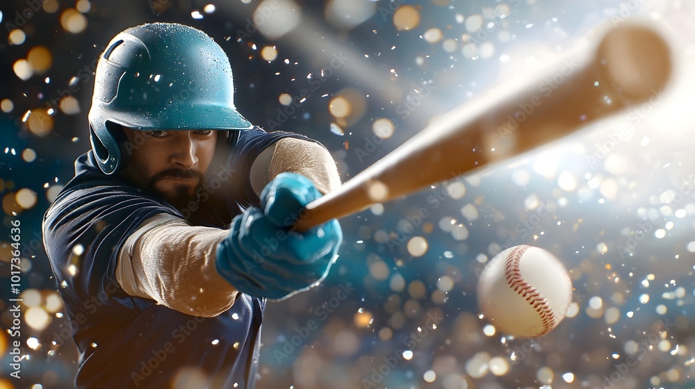 Poster powerful baseball player swinging a bat with full force stadium lights illuminating the dynamic scen