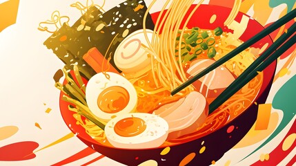 Obraz premium A variety of ingredients and utensils for preparing a delicious bowl of noodle soup. Perfect for food blogs, restaurant menus, culinary websites. Eggs, meat, seaweed, chopsticks, broth, red bowl.