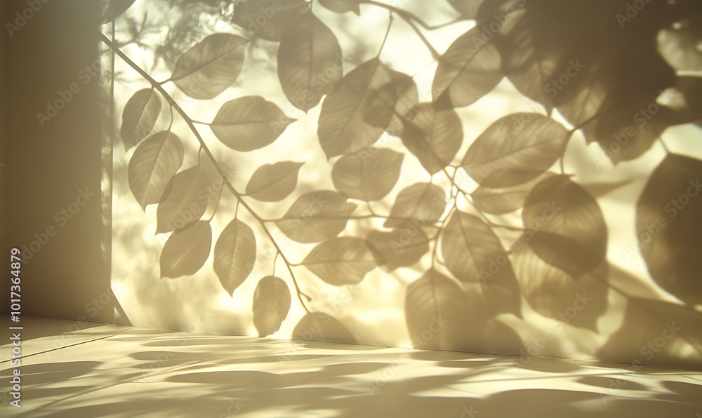Poster a soft, artistic shadow of leaves is projected on a light surface, creating a serene and natural amb