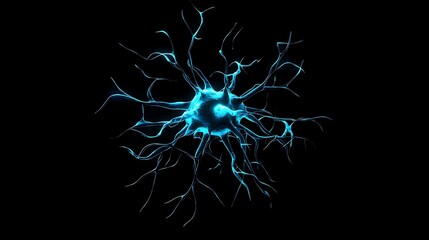 A glowing blue neuron-like structure with delicate branching extensions, resembling synapses, exploding outward against a pitch-black background with a soft neon glow.