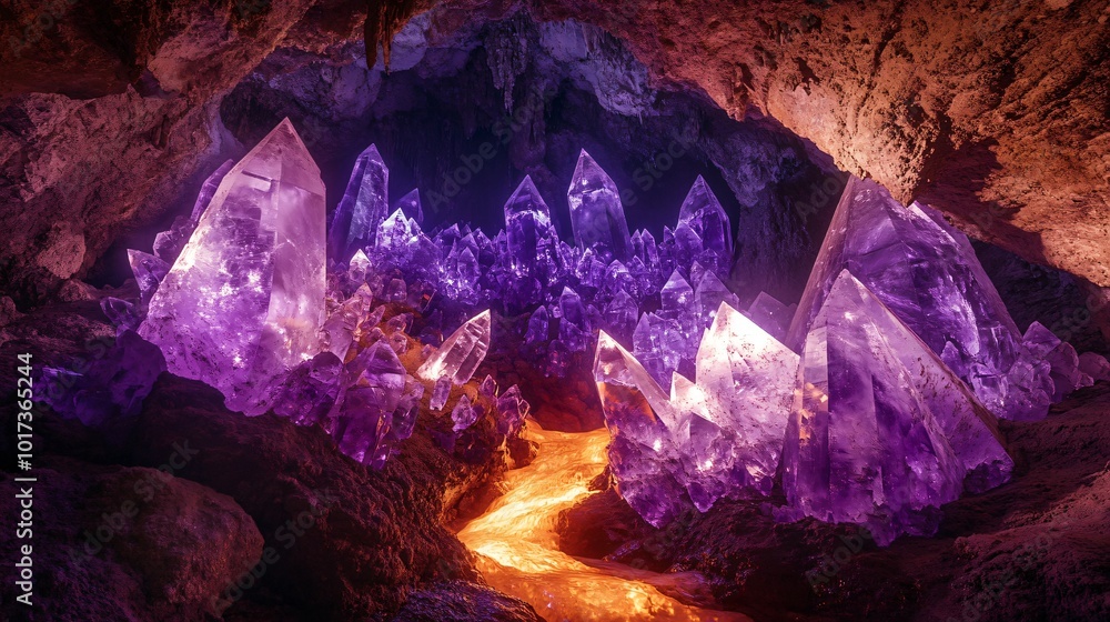 Poster a large group of amethyst crystals illuminate a cave with a stream running through the center.