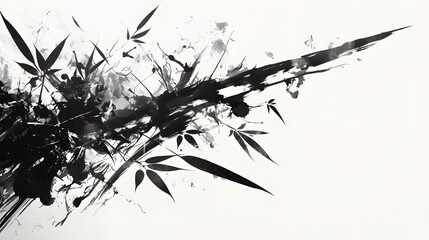 Black ink splatter and brushstrokes with bamboo leaves. Suitable for Asianthemed designs, natureinspired projects, and artistic backgrounds.