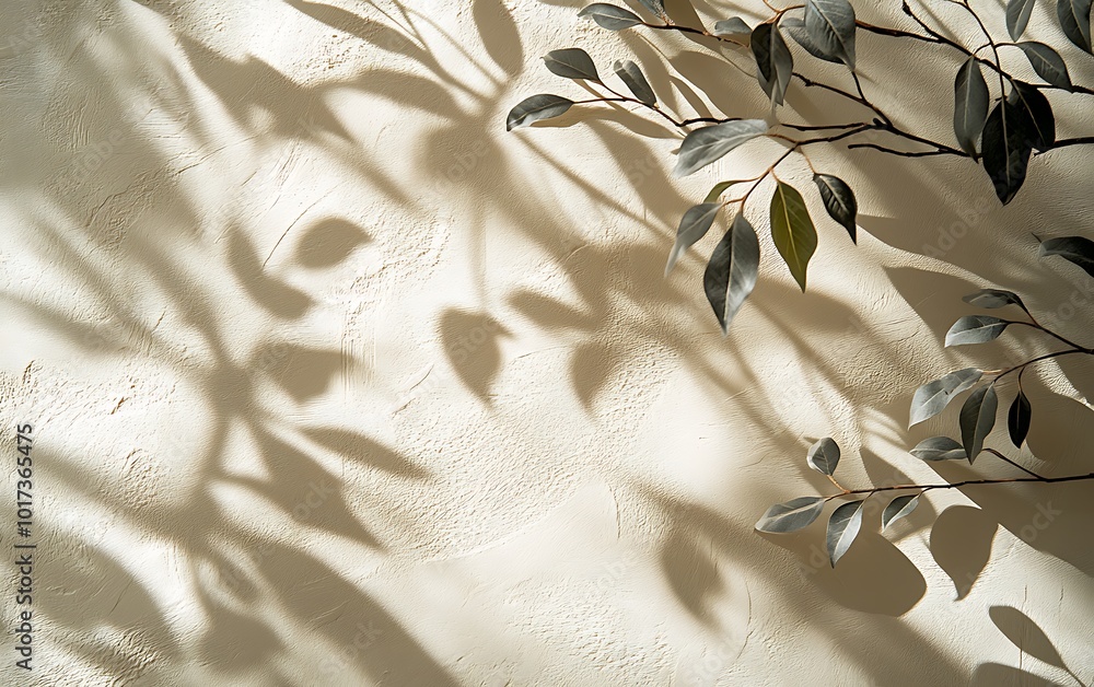 Poster soft shadows of leaves dance on a textured wall, creating a serene interplay of light and nature.