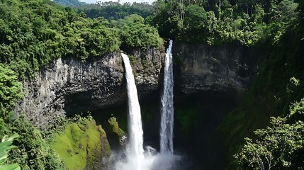 A powerful stream of water tumbling down a two-tiered waterfall, framed by tall cliffs and dense greenery in the background