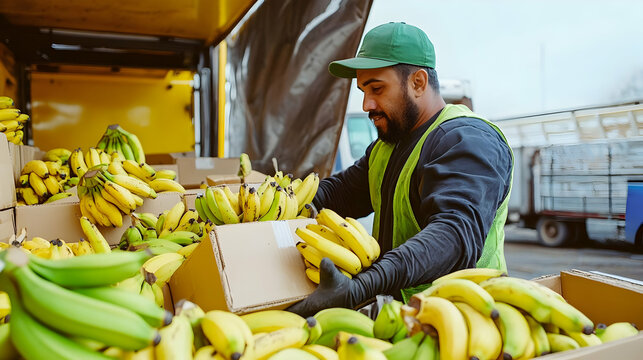 Man sorting bananas in a delivery truck for distribution.