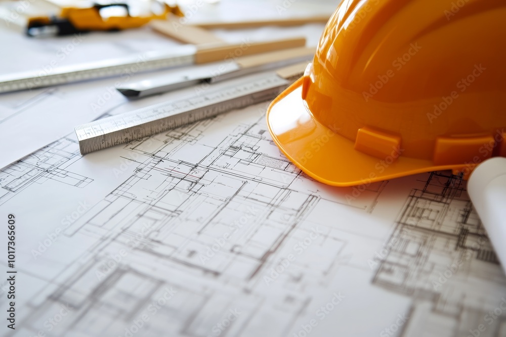 Aufkleber a yellow hard hat sits on a blueprint with a ruler and other tools in the background.