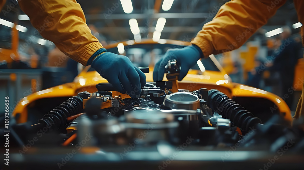 Poster mechanic working on a car engine in a workshop.