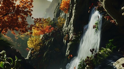 Serene landscape with a cascading waterfall pouring over a steep cliff, lush foliage and trees adding vibrant colors to the scene
