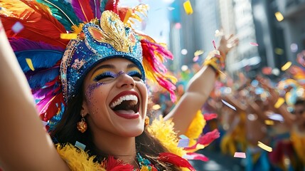 Colorful and energetic scene from the famous Rio Carnival samba dancers in elaborate and vibrant costumes parading down the sunlit streets surrounded by cheering crowds and confetti filled air