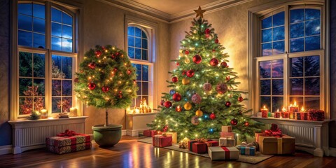Obraz premium Christmas scene with beautifully decorated tree and ornaments, colorful lights