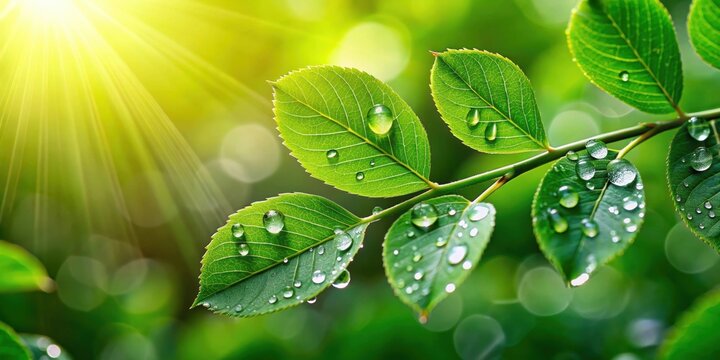 Beautiful green leaves with rain drops glistening in the spring sunlight, nature, foliage, trees, raindrops, dew, fresh