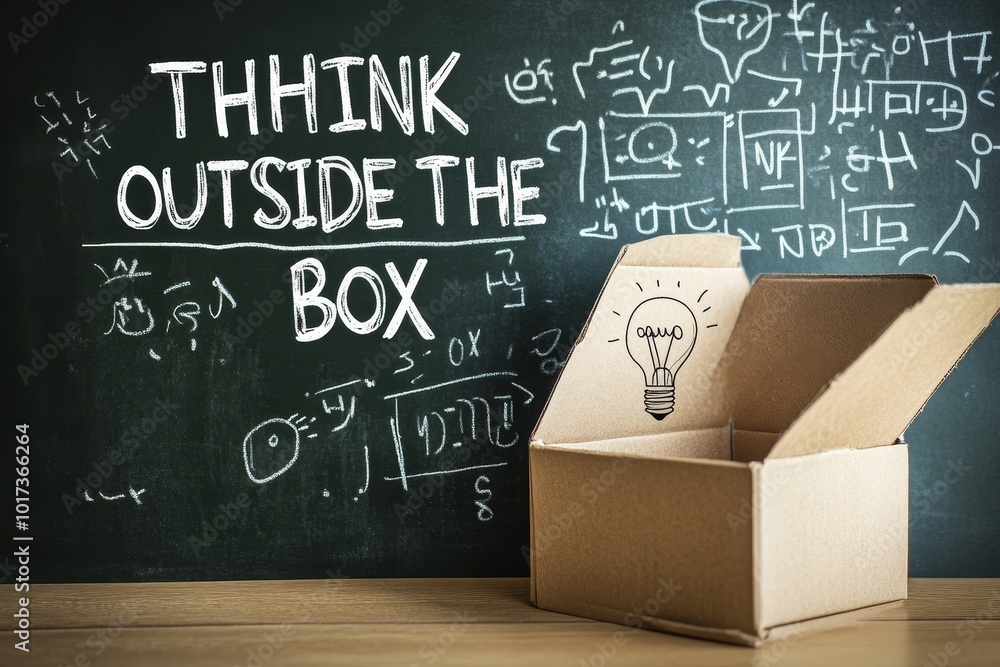 Poster An open cardboard box with a light bulb drawn on the inside, sitting in front of a chalkboard with the phrase 