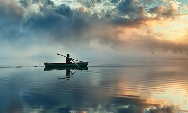 A solitary rower in a skiff on a serene lake encapsulating calm and reflection in nature